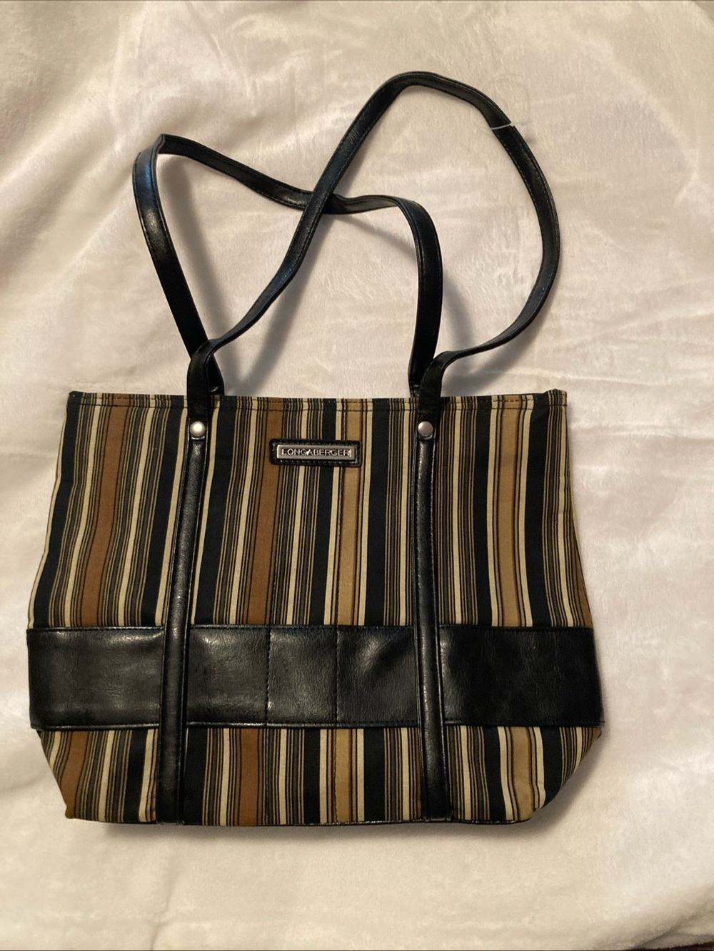 Longaberger Striped Tote in Black and Brown Tones 12x9x4 NIB